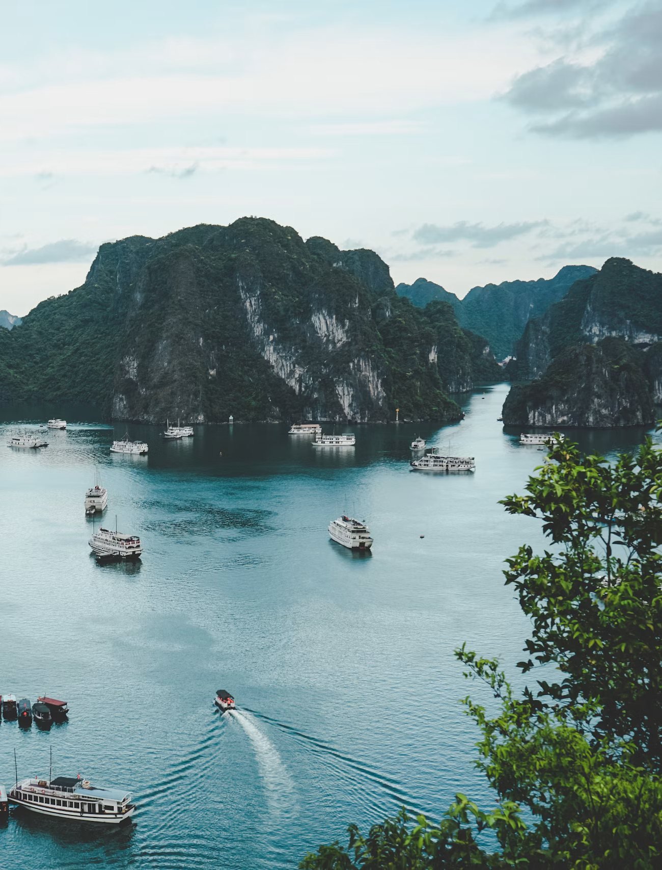 Boats among the limestone islands of Ha Long Bay