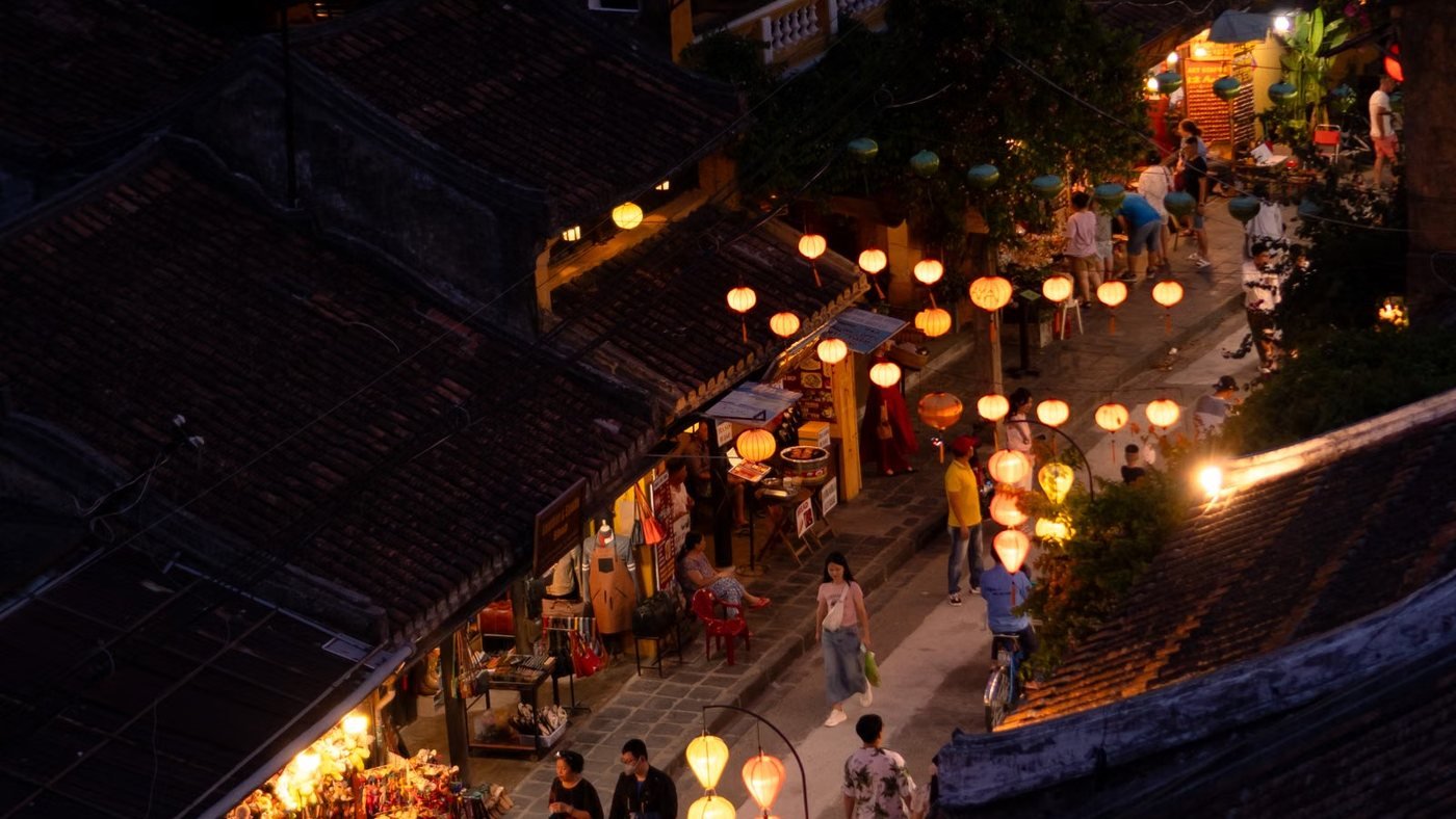 A lantern-lit street in Hoi An at night